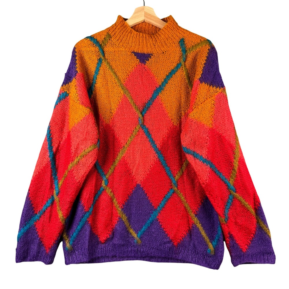 Nell Flowers by J.G. Hook Vintage Mohair Blend Argyle Mock Neck Sweater Small